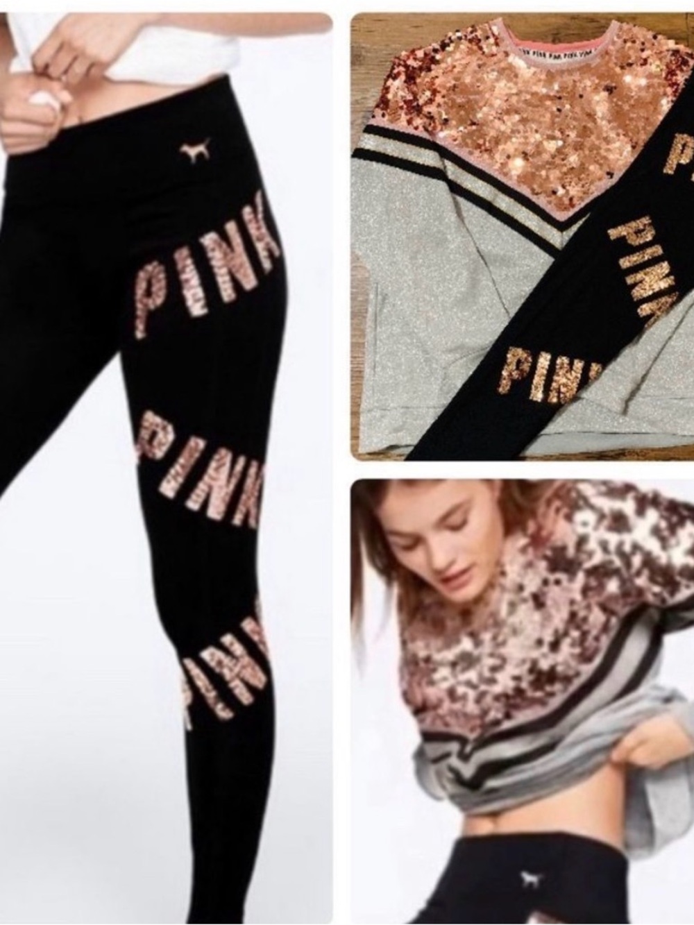 VS PINK ROSEGOLD BLING SWEATER/ YOGA LEGGINGS OUTFIT M